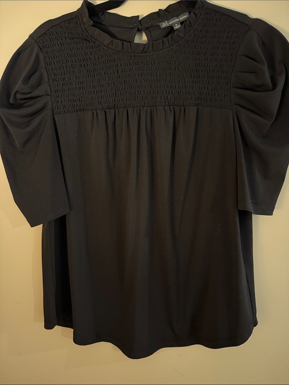 Adrianna Papell Black Smocked Yoke Puff-Sleeve Blouse Size Medium